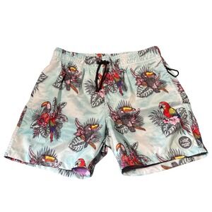Psycho Tuna Mens Medium Tropical Bird Print Swim Trunks Blue Parrot Floral